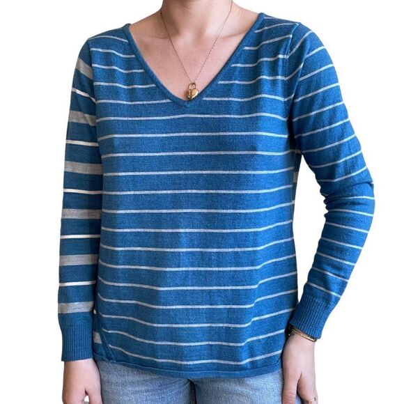 Smartwool Womens Blue Gray Striped Merino Wool V Neck Lightweight Sweater Sz L - Picture 1 of 7